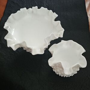 Vintage White Ruffled Edge Fenton Milk Glass Hobnail Set Of 2 Bowls